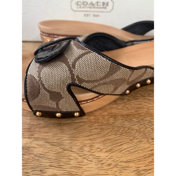 Vintage Coach Lee Sandal Signature Logo Cavas Wood Heel Patent Leather Women 8.5 - Picture 9 of 16